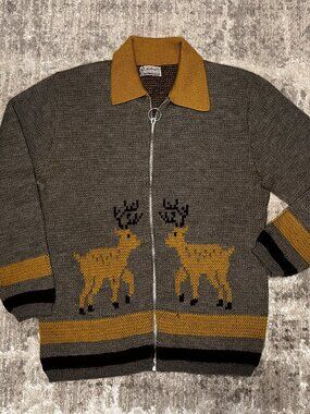 Vintage Melbourne Lord Jeff Hand Knit 100% Wool Cardigan Deer Sweater Size Large